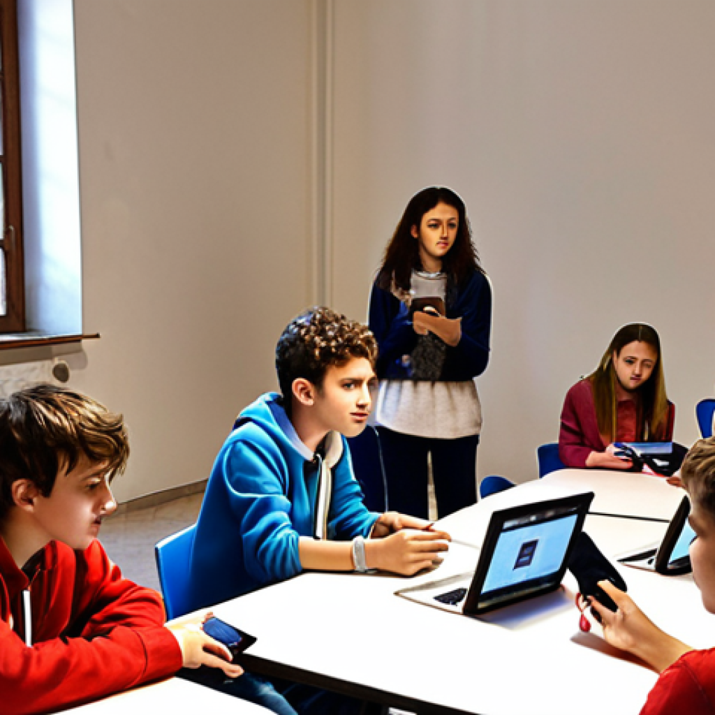 **A diverse group of young people participating in a digital storytelling workshop, using tablets and laptops, with a facilitator guiding them. The setting is a brightly lit, modern youth center in Italy.**