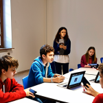 **A diverse group of young people participating in a digital storytelling workshop, using tablets and laptops, with a facilitator guiding them. The setting is a brightly lit, modern youth center in Italy.**