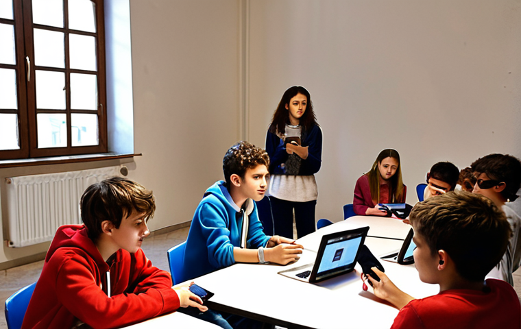 **A diverse group of young people participating in a digital storytelling workshop, using tablets and laptops, with a facilitator guiding them. The setting is a brightly lit, modern youth center in Italy.**