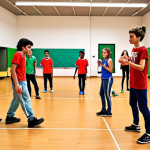 **A vibrant youth center:** Depict a lively scene inside a "centro di aggregazione giovanile" (youth center) in Italy. Show teenagers participating in various activities like art, music, sports, and games. The atmosphere should be energetic and inclusive.