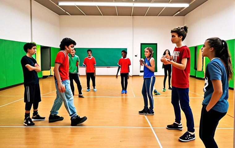 **A vibrant youth center:** Depict a lively scene inside a "centro di aggregazione giovanile" (youth center) in Italy. Show teenagers participating in various activities like art, music, sports, and games. The atmosphere should be energetic and inclusive.