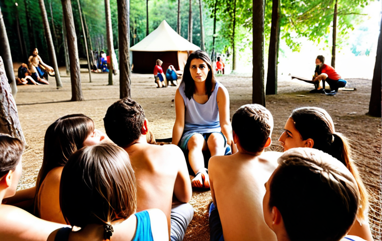 **

> A group of Italian youth educators actively listening to a young person in a sun-drenched summer camp setting. Emphasize empathy and non-verbal communication. Focus on creating a safe space for sharing and growth.

**