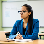 A professional, diverse young adult educator, fully clothed in a modest business casual outfit, is seated at a clean desk in a well-lit, modern university classroom. They are focused on an open textbook and a laptop, with a pen in hand, depicting deep study and academic preparation. The background shows blurred elements of other students and a whiteboard, suggesting a learning environment. The image emphasizes the quiet dedication to professional development. Perfect anatomy, correct proportions, natural pose, well-formed hands, proper finger count, natural body proportions. Professional photography, sharp focus, natural lighting, high quality. Safe for work, appropriate content, professional, modest clothing.