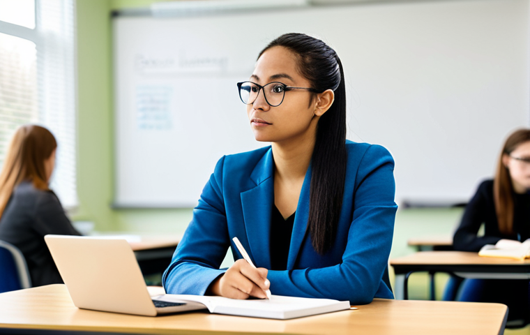 A professional, diverse young adult educator, fully clothed in a modest business casual outfit, is seated at a clean desk in a well-lit, modern university classroom. They are focused on an open textbook and a laptop, with a pen in hand, depicting deep study and academic preparation. The background shows blurred elements of other students and a whiteboard, suggesting a learning environment. The image emphasizes the quiet dedication to professional development. Perfect anatomy, correct proportions, natural pose, well-formed hands, proper finger count, natural body proportions. Professional photography, sharp focus, natural lighting, high quality. Safe for work, appropriate content, professional, modest clothing.