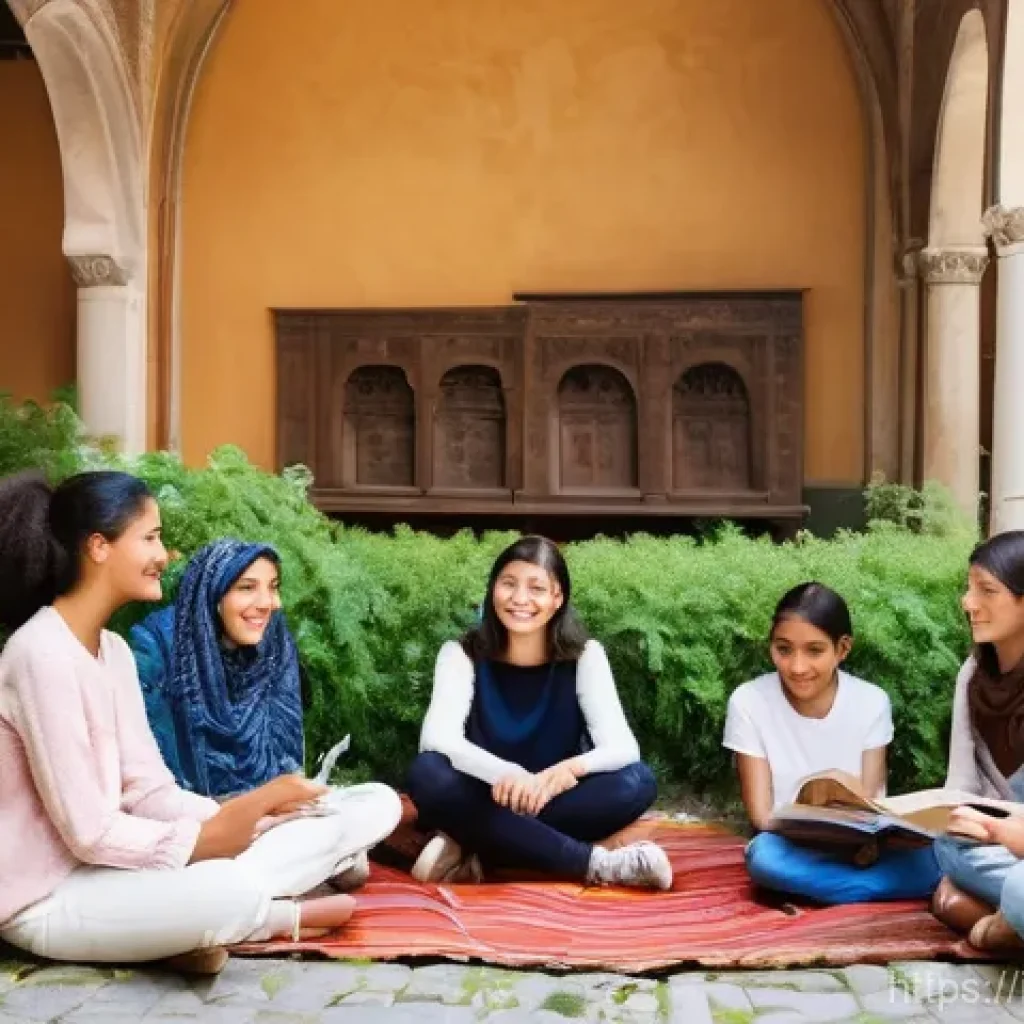 청소년지도사와 청소년 다문화 교육 사례 - **"Intercultural Storytelling Circle in a Historic Roman Courtyard"**
    A vibrant, sunlit image se...