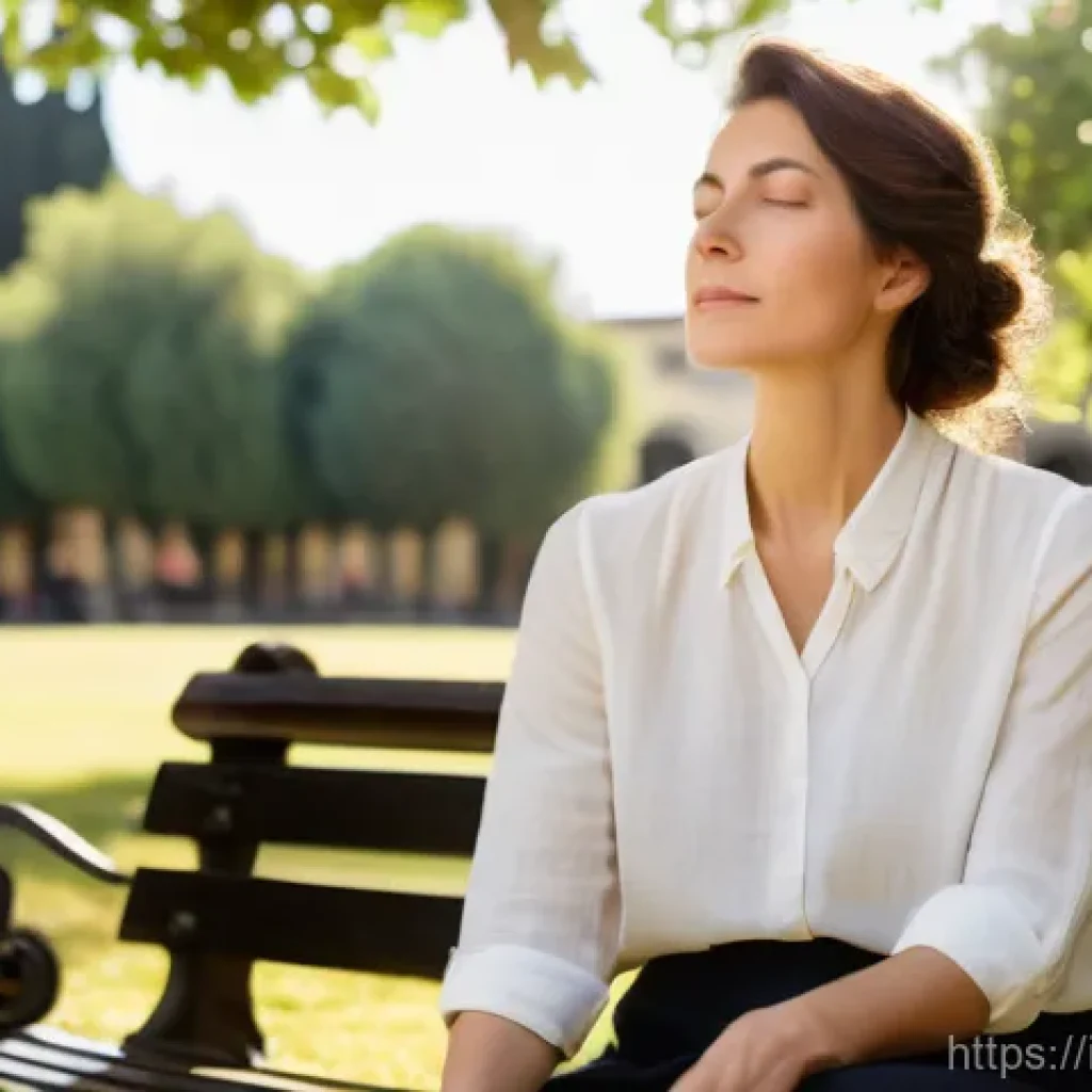 청소년지도사로서의 자기계발 방법 - A serene Italian female educator in her late 30s is practicing mindfulness in a sunlit public park i...