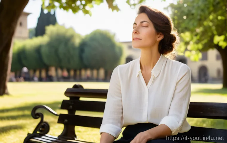청소년지도사로서의 자기계발 방법 - A serene Italian female educator in her late 30s is practicing mindfulness in a sunlit public park i...