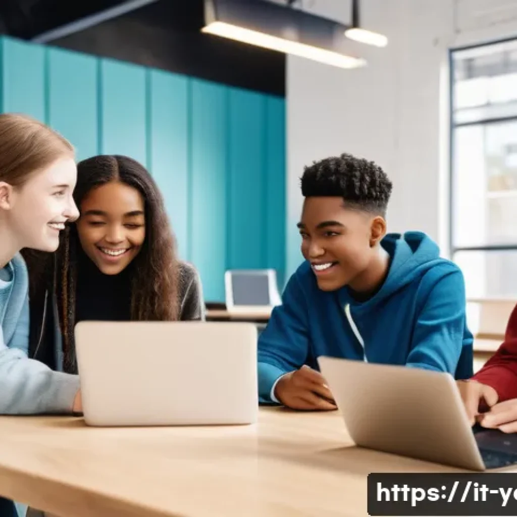청소년지도사로서의 디지털 도구 활용 - **Prompt:** A diverse group of four teenagers (approximately 16-18 years old) is actively collaborat...
