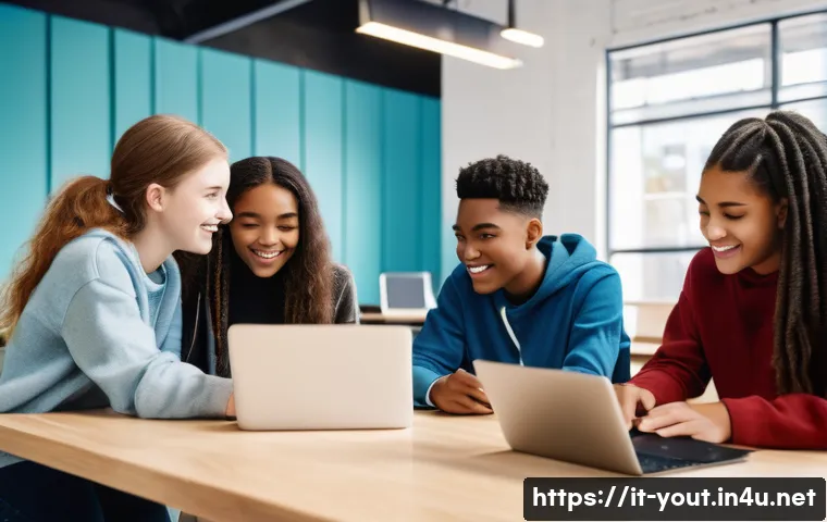 청소년지도사로서의 디지털 도구 활용 - **Prompt:** A diverse group of four teenagers (approximately 16-18 years old) is actively collaborat...