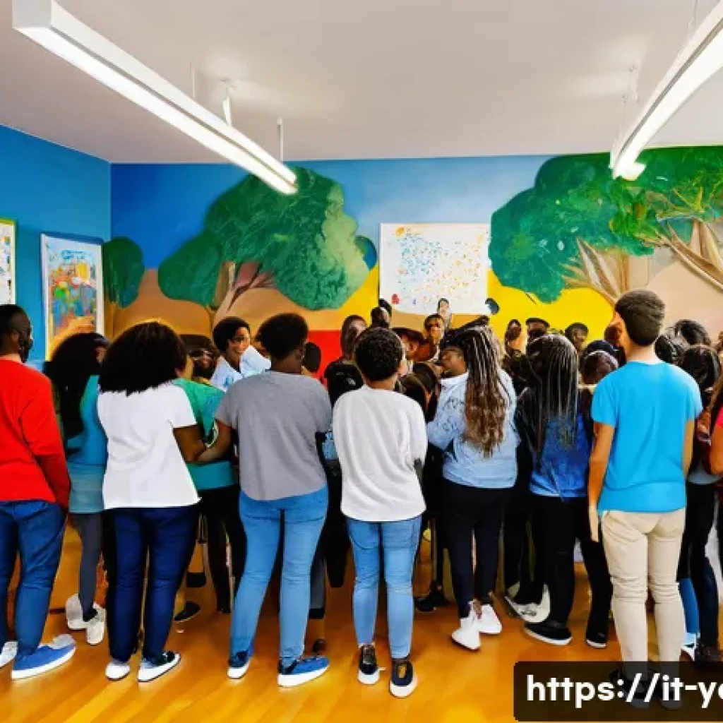 청소년지도사로서의 자기 성장 사례 - A warm and inviting youth community center scene in an Italian urban neighborhood, featuring diverse...