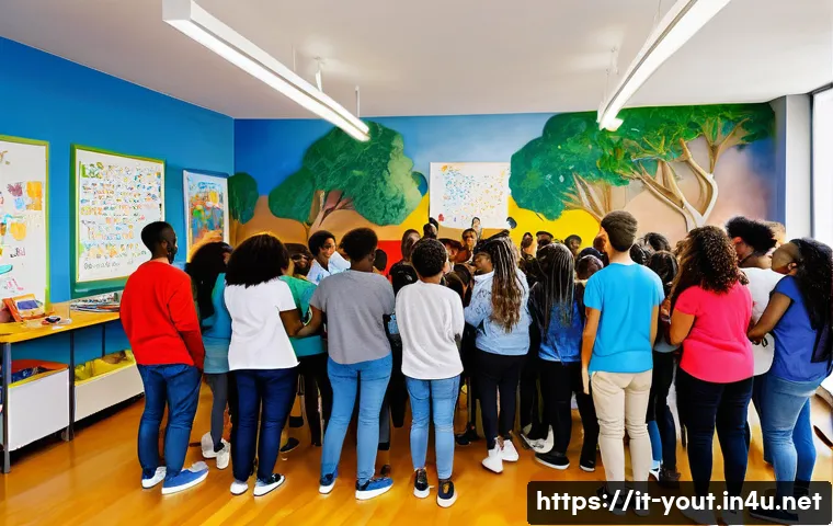 청소년지도사로서의 자기 성장 사례 - A warm and inviting youth community center scene in an Italian urban neighborhood, featuring diverse...