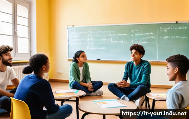 청소년지도사와 청소년 리더십 개발 프로그램 - A warm, welcoming classroom setting in Italy with diverse teenagers sitting in a circle, engaged in ...