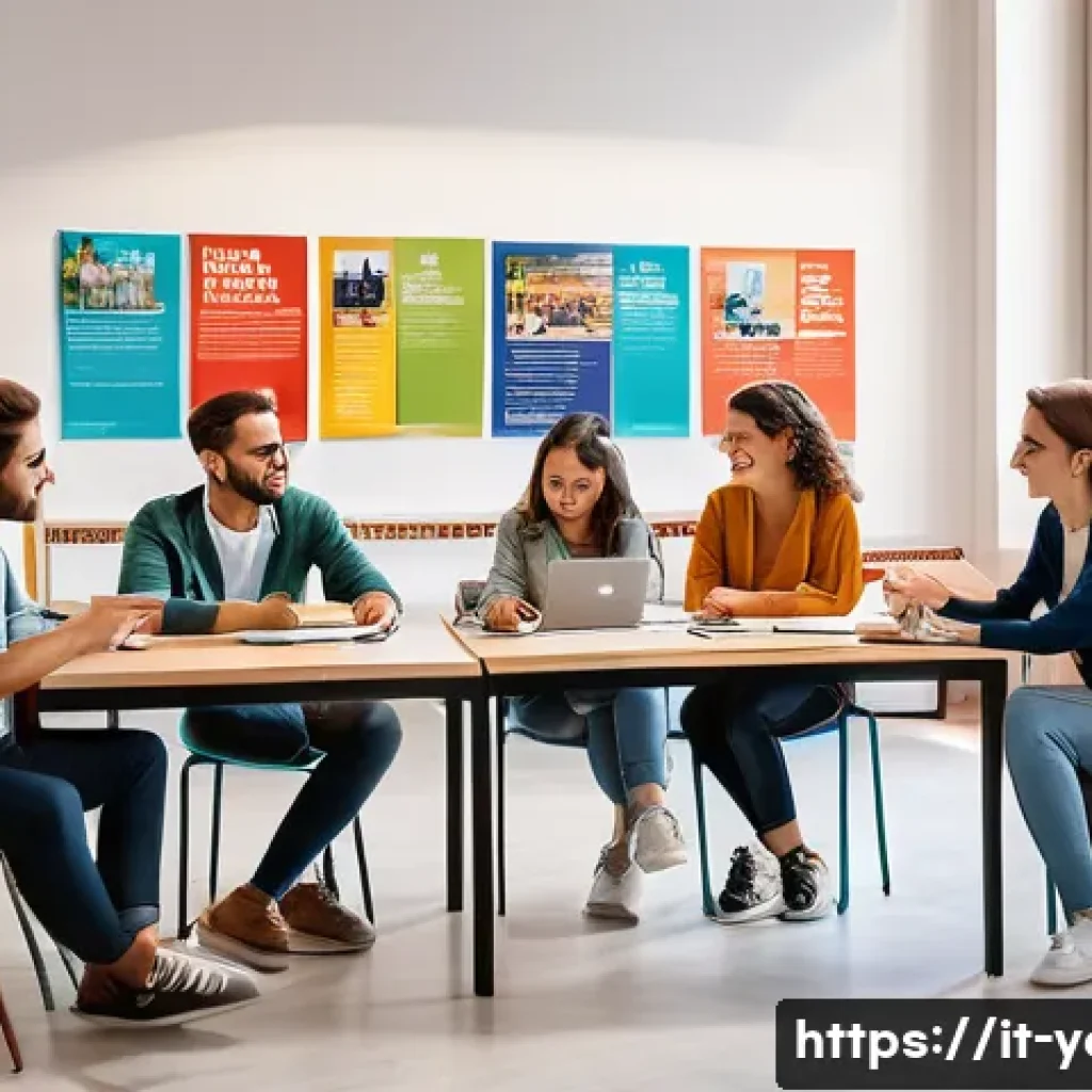 청소년지도사와 진로상담 연관성 - A warm, modern educational counseling room in Italy, featuring a diverse group of empathetic adults ...