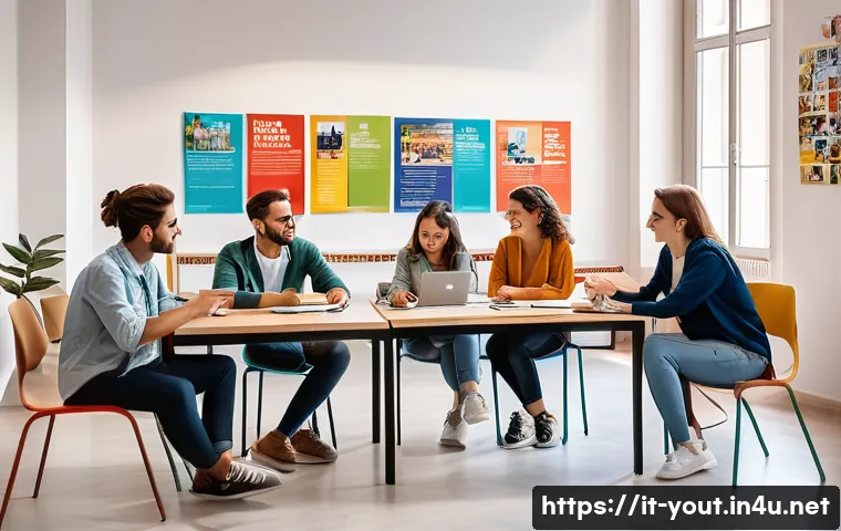 청소년지도사와 진로상담 연관성 - A warm, modern educational counseling room in Italy, featuring a diverse group of empathetic adults ...