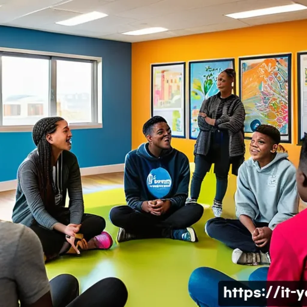 청소년지도사와 최신 청소년 문제 연구 - A diverse group of young people engaged in a lively discussion inside a bright, welcoming community ...
