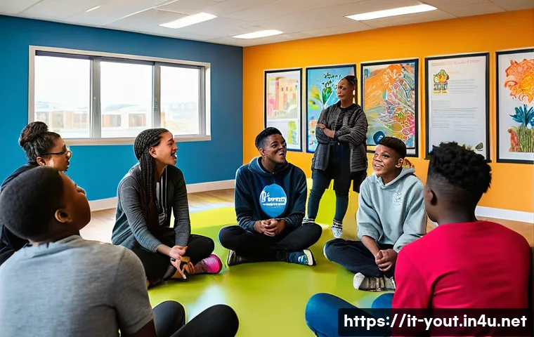 청소년지도사와 최신 청소년 문제 연구 - A diverse group of young people engaged in a lively discussion inside a bright, welcoming community ...
