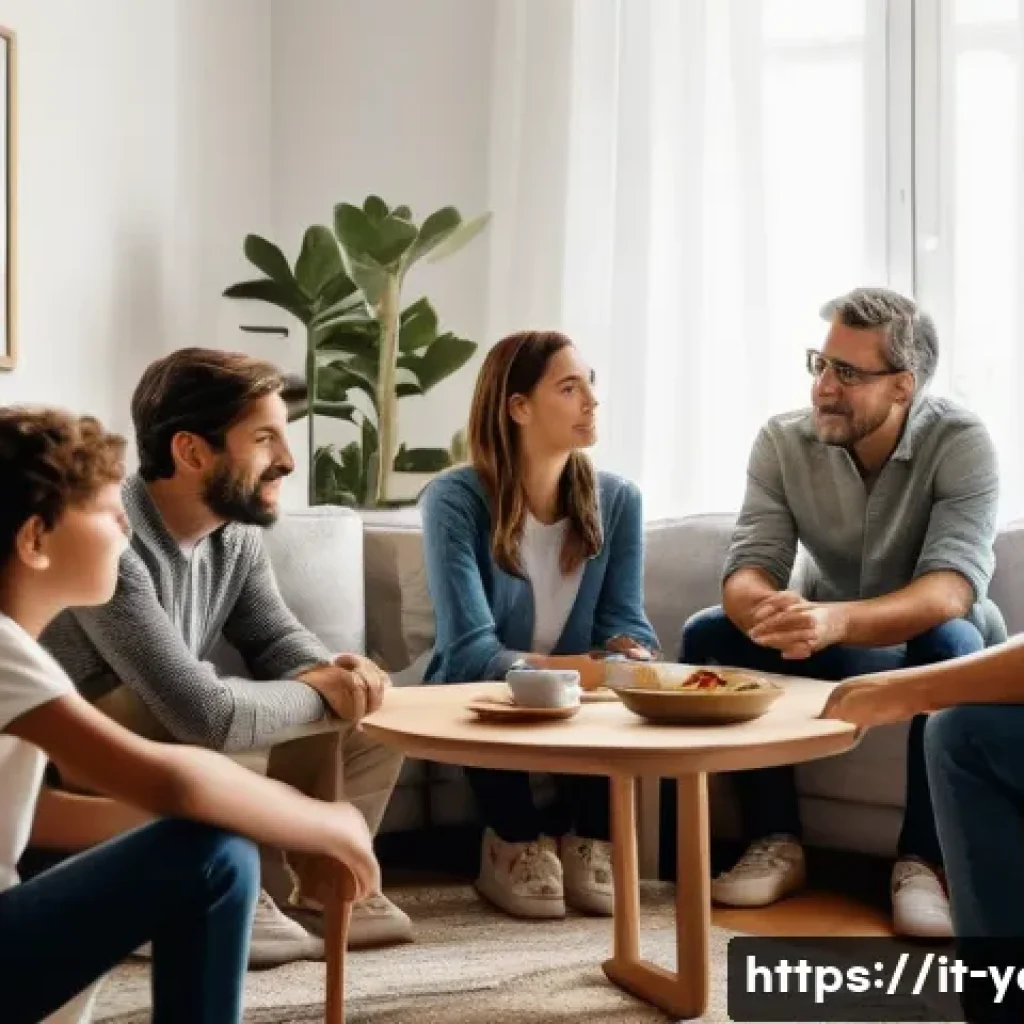 청소년지도사와 청소년 가족관계 개선 사례 - A warm and inviting family living room scene in a modern Italian home, featuring a diverse family of...