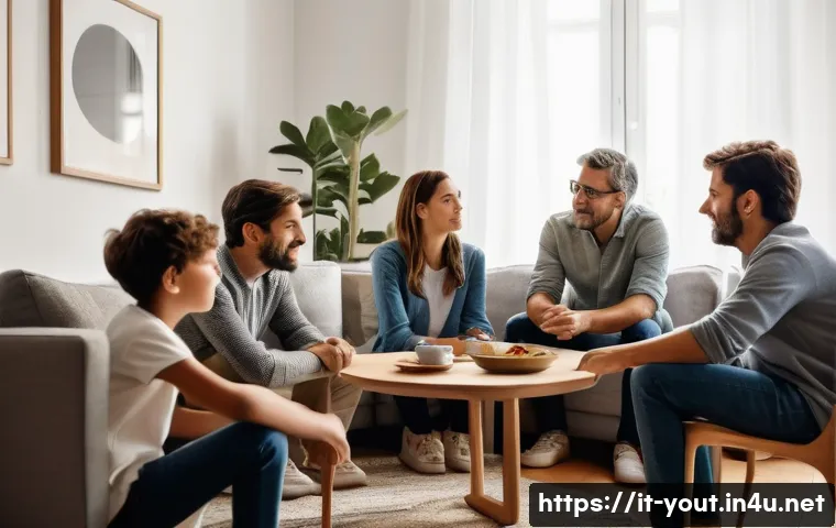 청소년지도사와 청소년 가족관계 개선 사례 - A warm and inviting family living room scene in a modern Italian home, featuring a diverse family of...