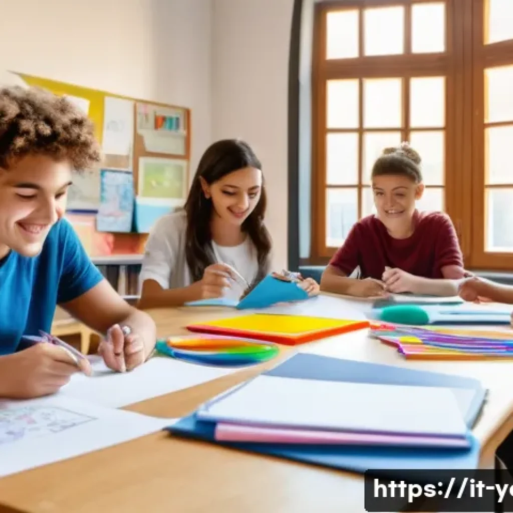 청소년지도사와 청소년 비전 워크샵 - A warm, inviting classroom scene in Italy featuring a diverse group of teenagers engaged in an inter...
