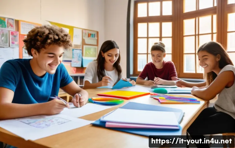 청소년지도사와 청소년 비전 워크샵 - A warm, inviting classroom scene in Italy featuring a diverse group of teenagers engaged in an inter...