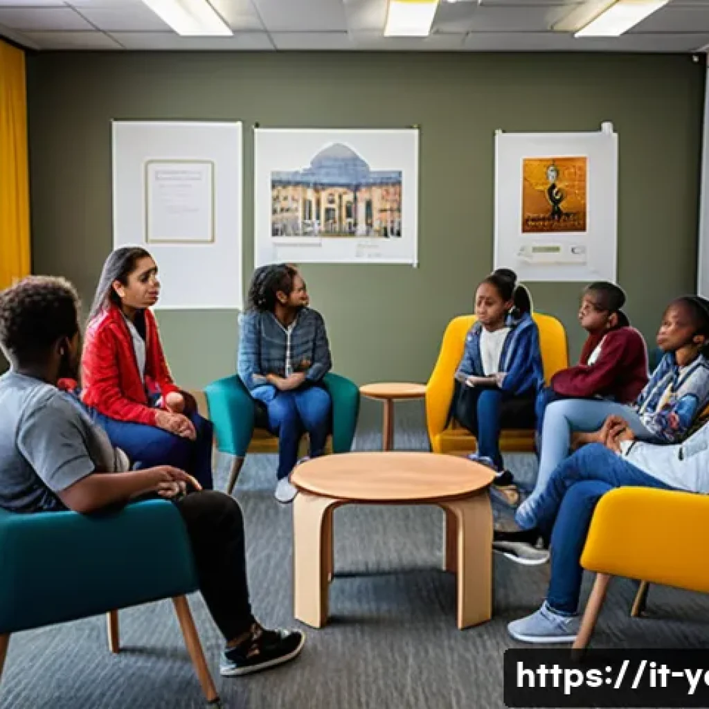 청소년지도사와 청소년 문제 해결 캠페인 - A warm and inviting community center room designed for youth dialogue, featuring comfortable chairs ...