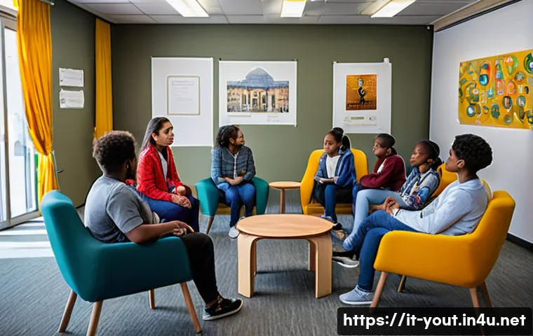 청소년지도사와 청소년 문제 해결 캠페인 - A warm and inviting community center room designed for youth dialogue, featuring comfortable chairs ...