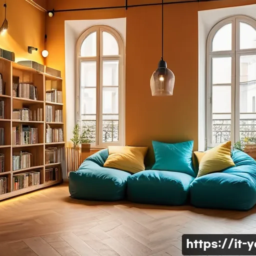 청소년지도사와 청소년 독서 프로그램 - A cozy and colorful reading corner in a modern Italian library, designed for teenagers: soft cushion...