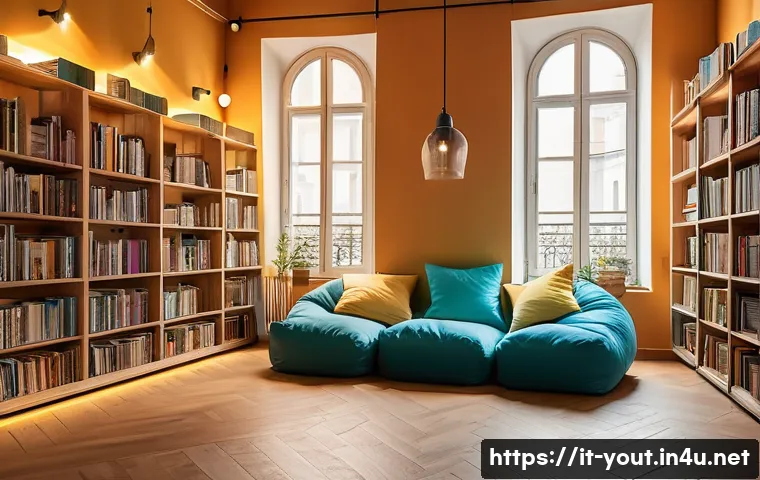 청소년지도사와 청소년 독서 프로그램 - A cozy and colorful reading corner in a modern Italian library, designed for teenagers: soft cushion...