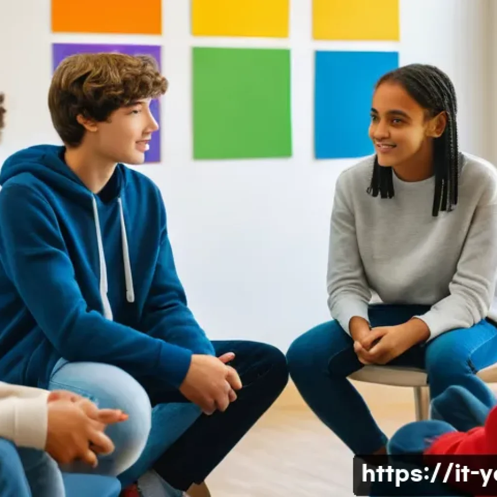 청소년지도사와 청소년의 사회적 책임감 개발 - A diverse group of Italian teenagers sitting in a bright, modern classroom arranged in a circle, eng...