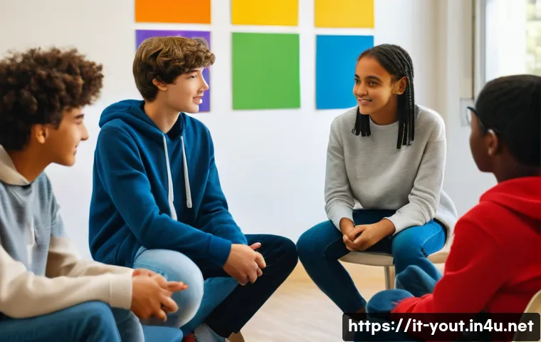 청소년지도사와 청소년의 사회적 책임감 개발 - A diverse group of Italian teenagers sitting in a bright, modern classroom arranged in a circle, eng...