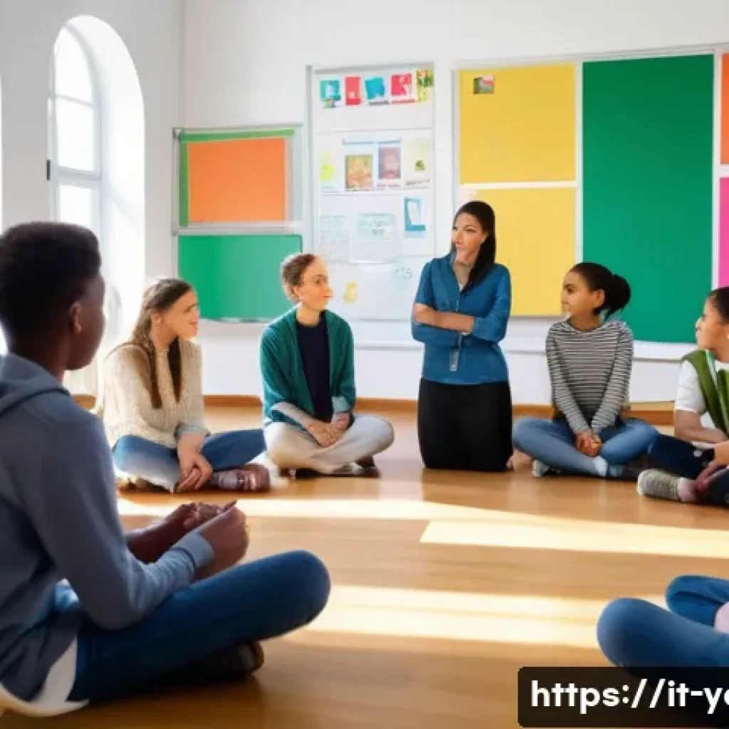 청소년지도사와 청소년의 자기 계발 프로그램 - A warm, inviting classroom scene in a modern Italian school setting, showing a diverse group of teen...