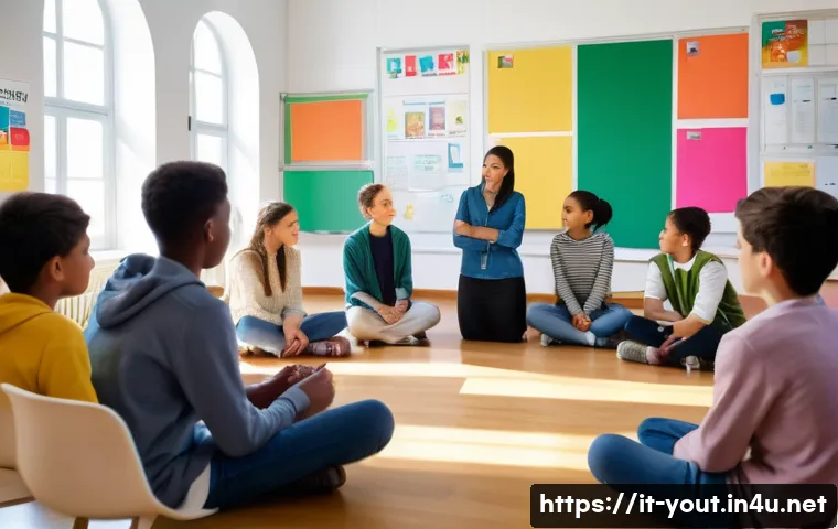 청소년지도사와 청소년의 자기 계발 프로그램 - A warm, inviting classroom scene in a modern Italian school setting, showing a diverse group of teen...