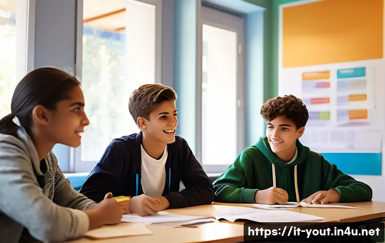 청소년지도사와 청소년의 미래 설계 사례 - A warm and inviting classroom scene in a modern Italian high school, showing a diverse group of teen...