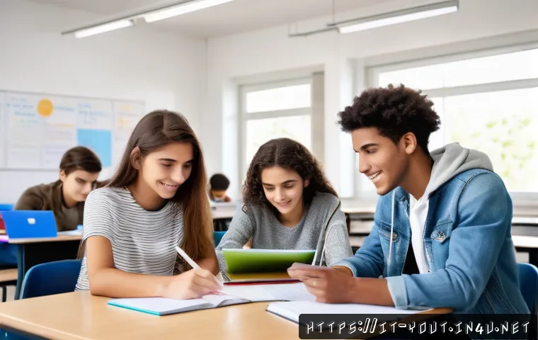 청소년지도사와 청소년 직업 체험 사례 - A diverse group of Italian teenagers in a bright, modern classroom setting, attentively working with...