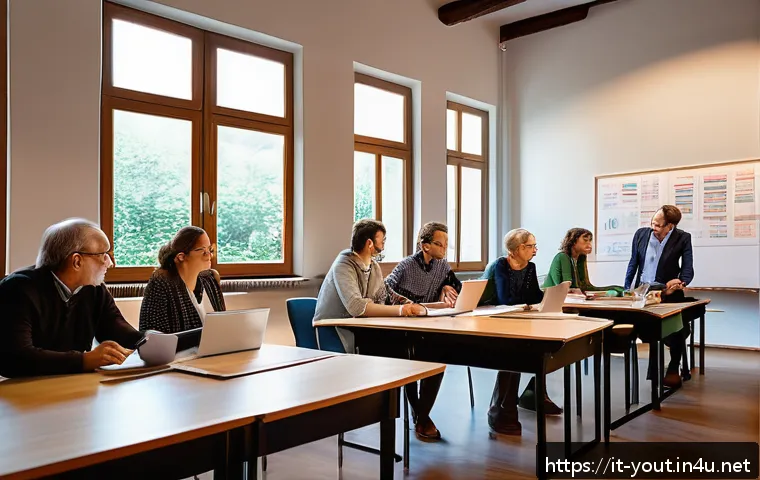 청소년지도사로서의 글쓰기와 보고서 작성 - A professional educational report meeting scene in a modern Italian classroom, featuring a diverse g...