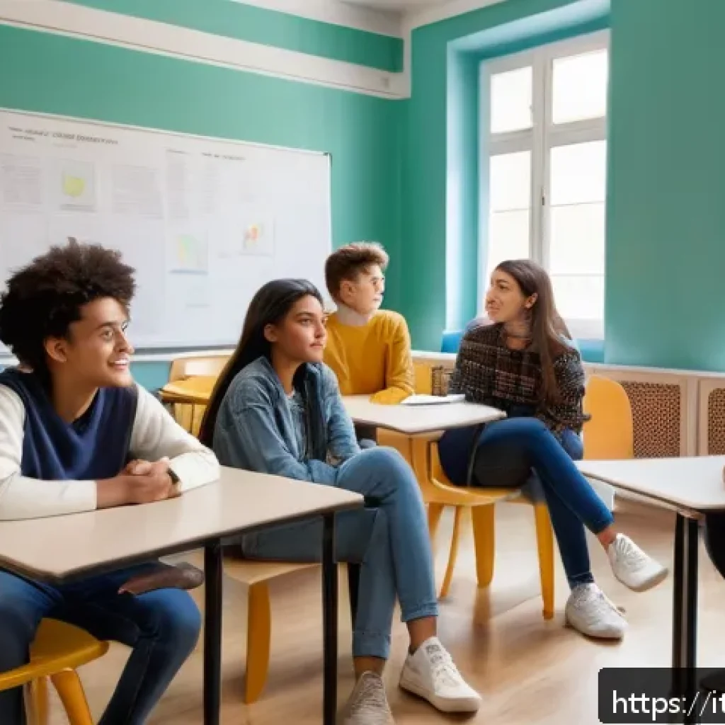 청소년지도사와 청소년 문제 해결 아이디어 - A warm and inviting classroom setting in Italy, showing a diverse group of Italian teenagers aged ar...