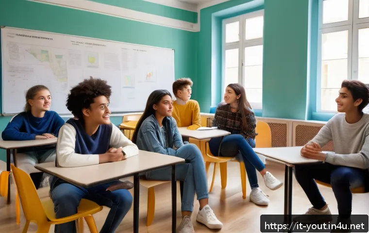 청소년지도사와 청소년 문제 해결 아이디어 - A warm and inviting classroom setting in Italy, showing a diverse group of Italian teenagers aged ar...
