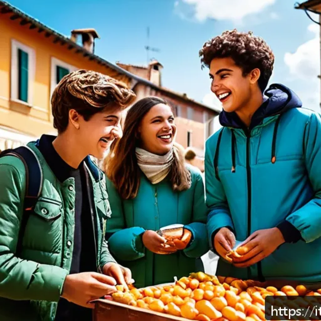 청소년지도사와 청소년 여행 프로그램 - A diverse group of teenagers engaging in a lively cultural exchange outdoors in a quaint Italian vil...