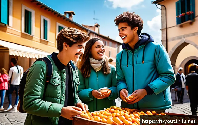 청소년지도사와 청소년 여행 프로그램 - A diverse group of teenagers engaging in a lively cultural exchange outdoors in a quaint Italian vil...