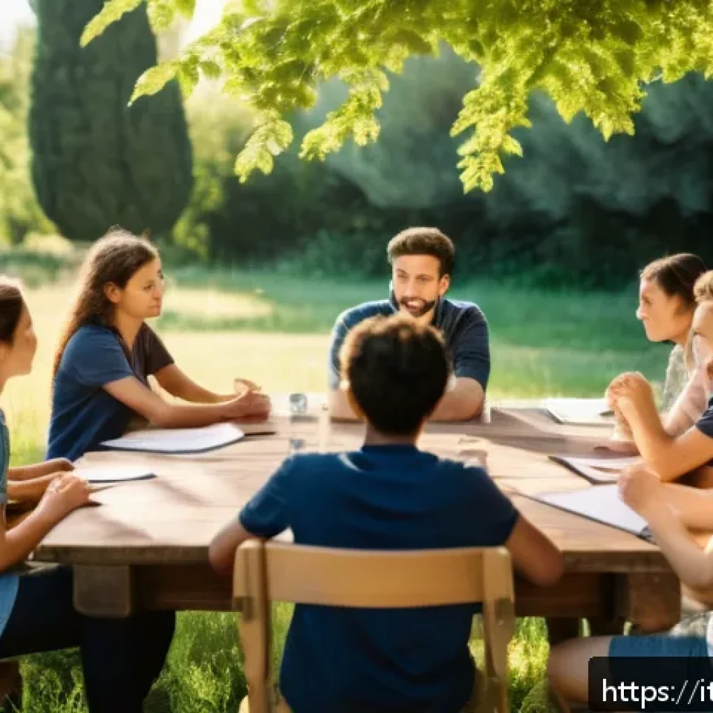 청소년지도사와 청소년 진로캠프 운영 - A warm and inviting summer camp scene in Italy, featuring a diverse group of young people and mentor...