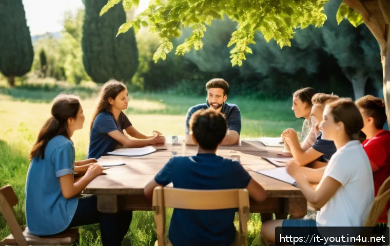 청소년지도사와 청소년 진로캠프 운영 - A warm and inviting summer camp scene in Italy, featuring a diverse group of young people and mentor...