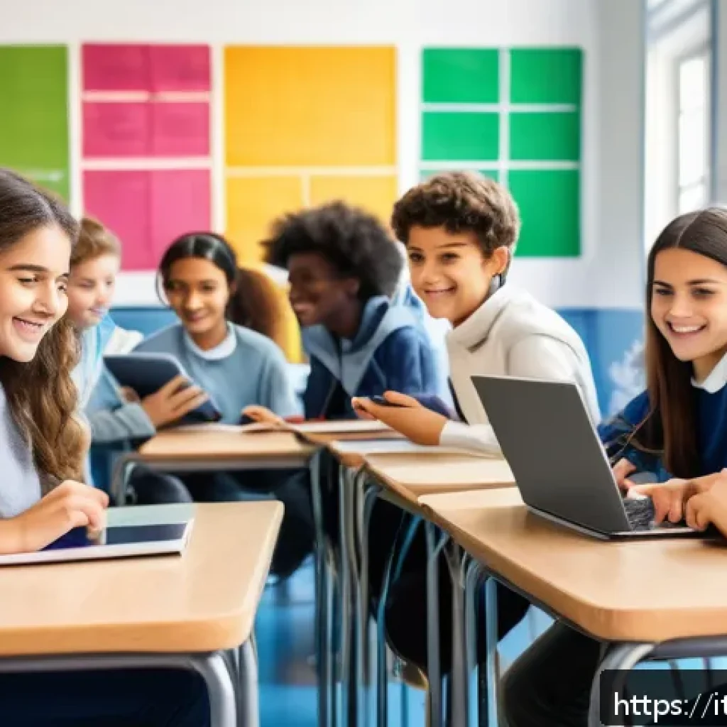 청소년지도사와 청소년 교육 콘텐츠 개발 - A vibrant classroom scene in Italy featuring diverse teenagers engaged in interactive digital learni...