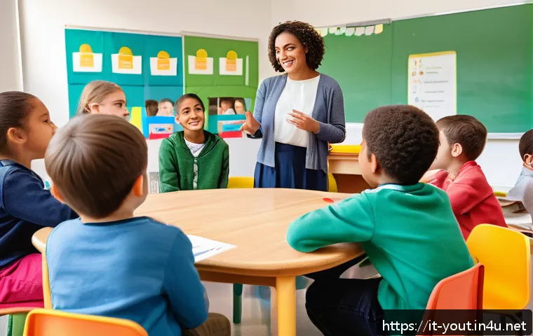청소년지도사와 청소년 가족의 소통 사례 - A warm and inviting classroom scene in an Italian elementary school, where a diverse group of educat...