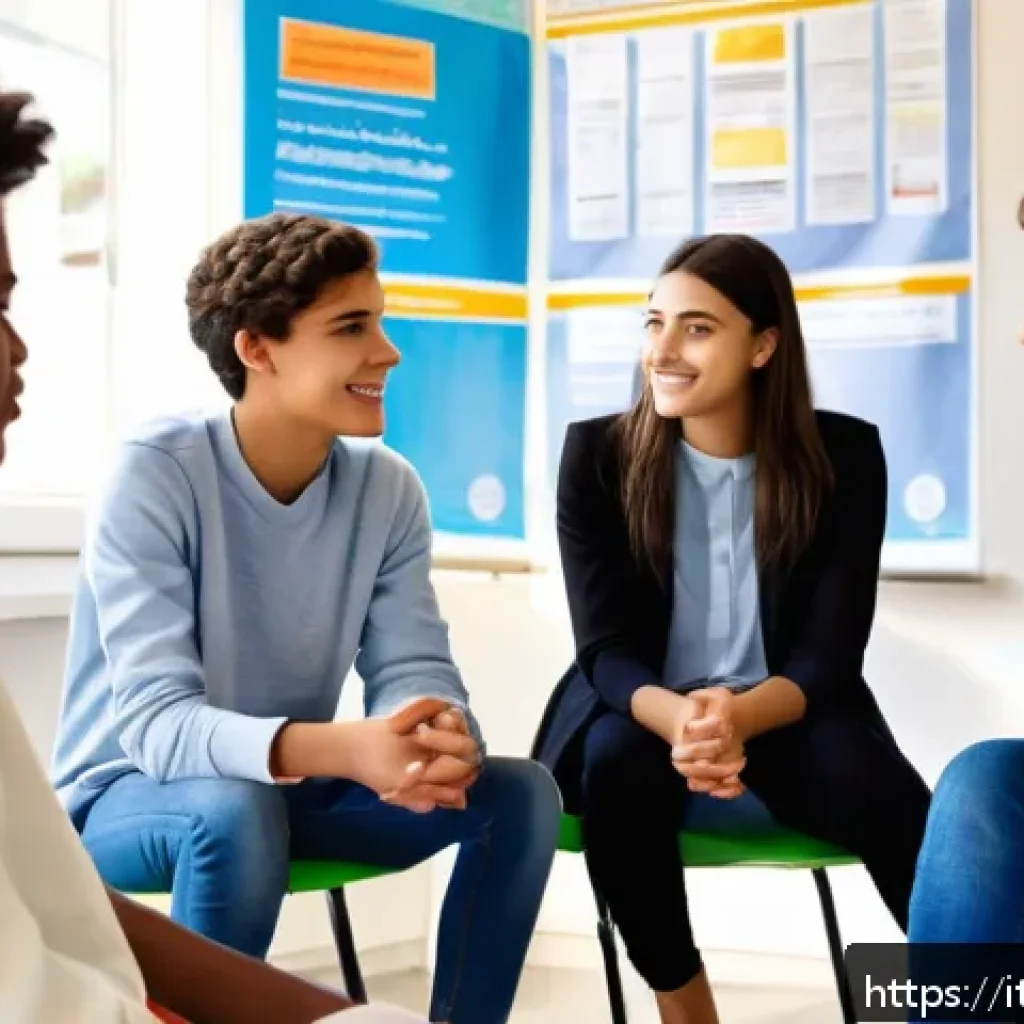 청소년지도사와 청소년 건강관리 프로그램 - A diverse group of Italian teenagers in a bright, modern classroom setting, engaged in an open and e...
