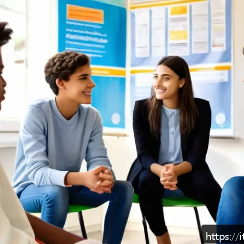 Home 33 청소년지도사와 청소년 건강관리 프로그램 - A diverse group of Italian teenagers in a bright, modern classroom setting, engaged in an open and e...