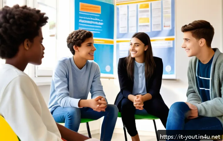 청소년지도사와 청소년 건강관리 프로그램 - A diverse group of Italian teenagers in a bright, modern classroom setting, engaged in an open and e...