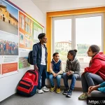 Home 19 청소년지도사와 청소년 보호법 이해 - A warm and inclusive youth center scene in Italy, featuring a diverse group of children and teenager...