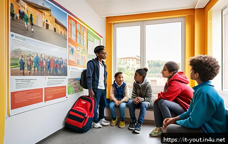 청소년지도사와 청소년 보호법 이해 - A warm and inclusive youth center scene in Italy, featuring a diverse group of children and teenager...