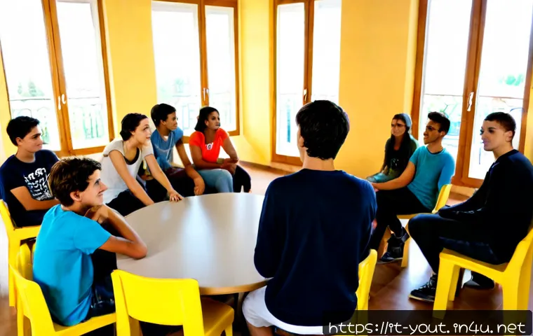 청소년지도사와 청소년의 사회적 영향력 연구 - Photorealistic documentary-style scene in a bright Italian community youth center, an adult youth co...